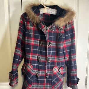 Plaid Wool Blend Toggle Coat Faux Fur Hood small